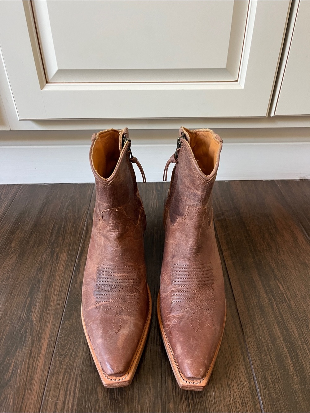Women's Tevovas Brown Leather Western Booties - Classic Low Heel - Picture 5 of 9